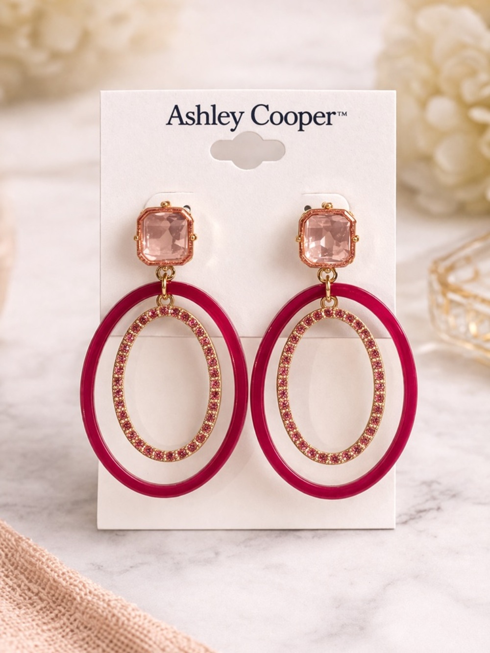 Ashley Cooper Pink Crystal Hoop Drop Earrings Acrylic lightweight